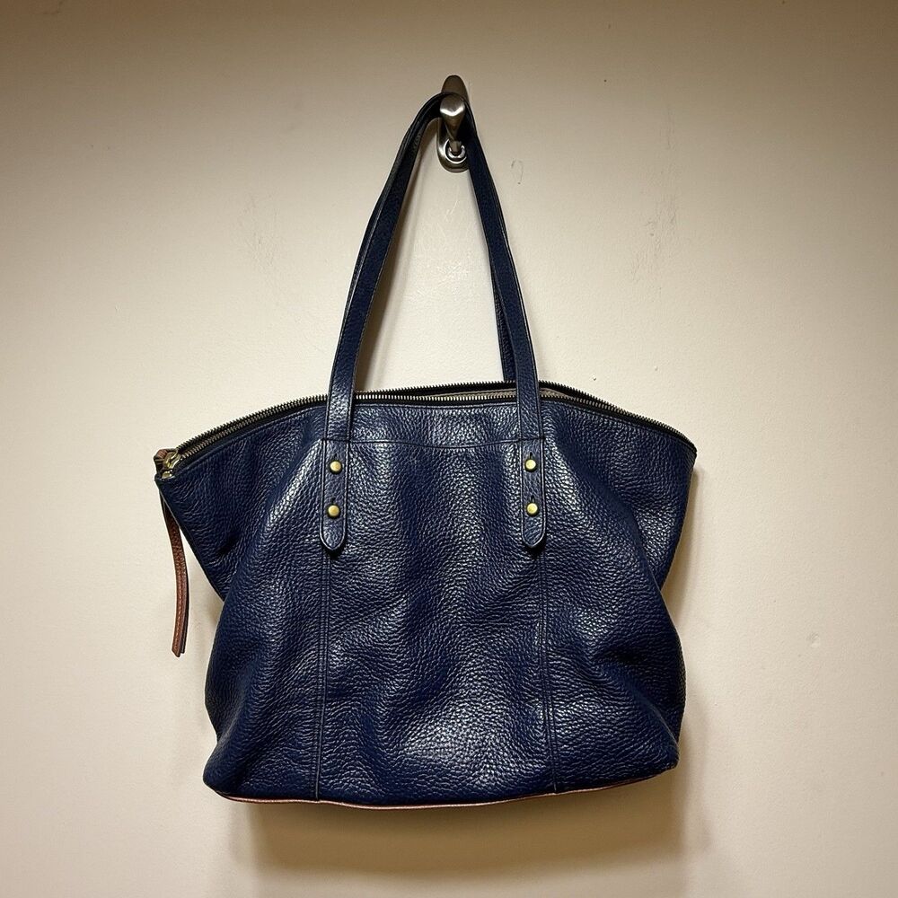 VTG Fossil Jenna Denim Navy Blue Pebbled Leather Brown Trim Tote Shoulder Bag - Picture 3 of 9